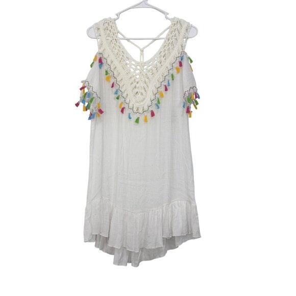 Ten Design White Crochet Tassel Coverup Dress SZ S Colorful Fringe Semi Sheer - Picture 1 of 12